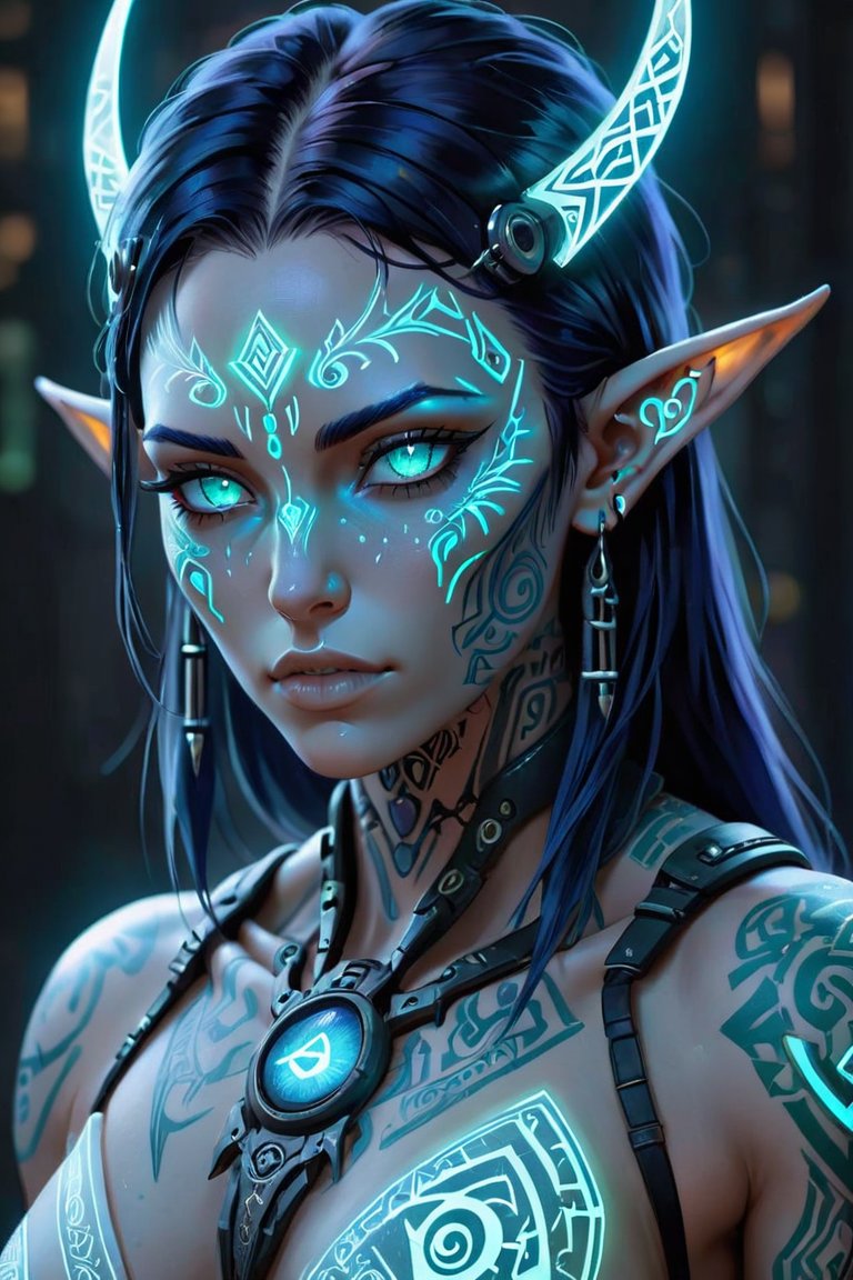 01138-1995904386-photo of a cyberpunk barbarian Battlecore woman with glowing opalescent third eye, highly detailed glowing Elvish runes tattooed.jpg